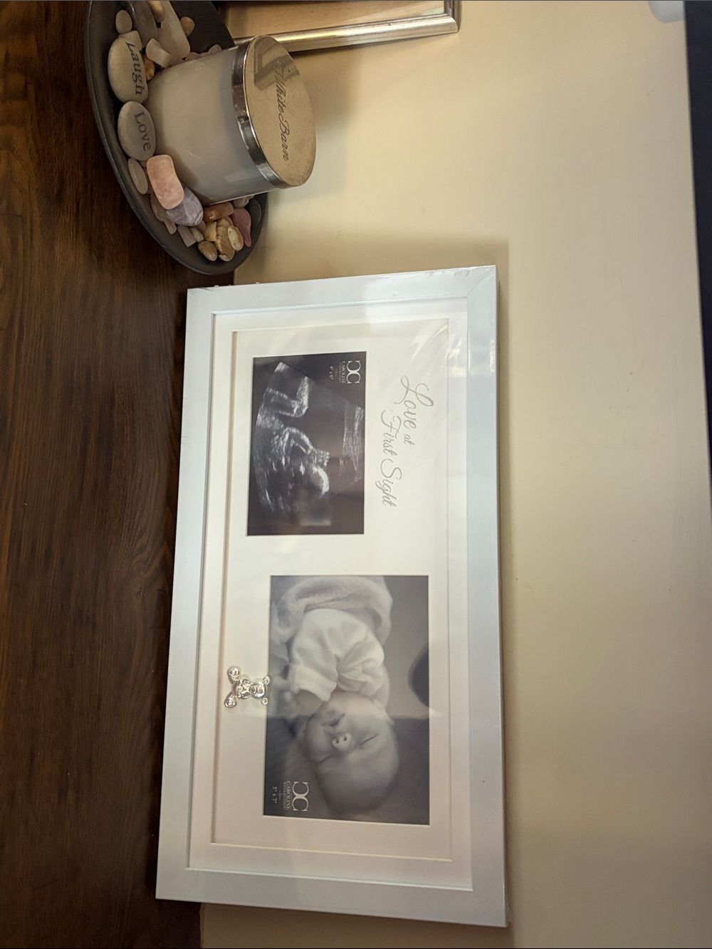 IC COLLECTION White Double Photo Frame with Silver Script Accent